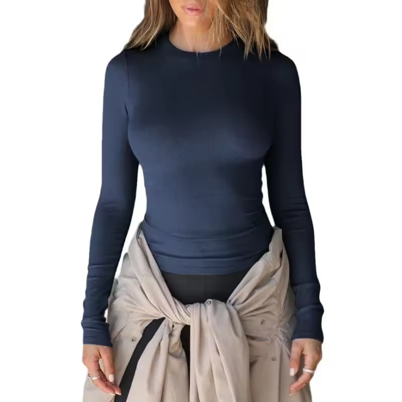 Women's Tight Baby Tee Long Sleeved T-Shirt O-Neck Outerwear With Rib Solid Pattern Terry Knitted T-Shirt