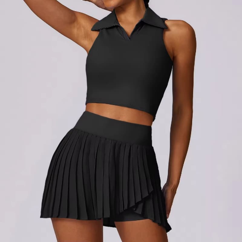 Women's Quick-Drying 2-Piece Tennis Wear Set Sporty Skort Dress with Bra Tank Tops and Polo Neck Design
