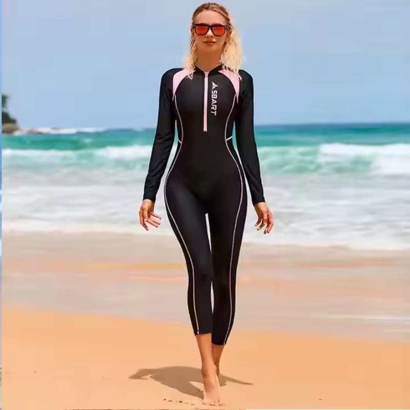 Custom One Piece Half Zip Sun protection Surf Water Sports Rush Guard Swimwear Color Contrast Long Sleeve Swimsuit