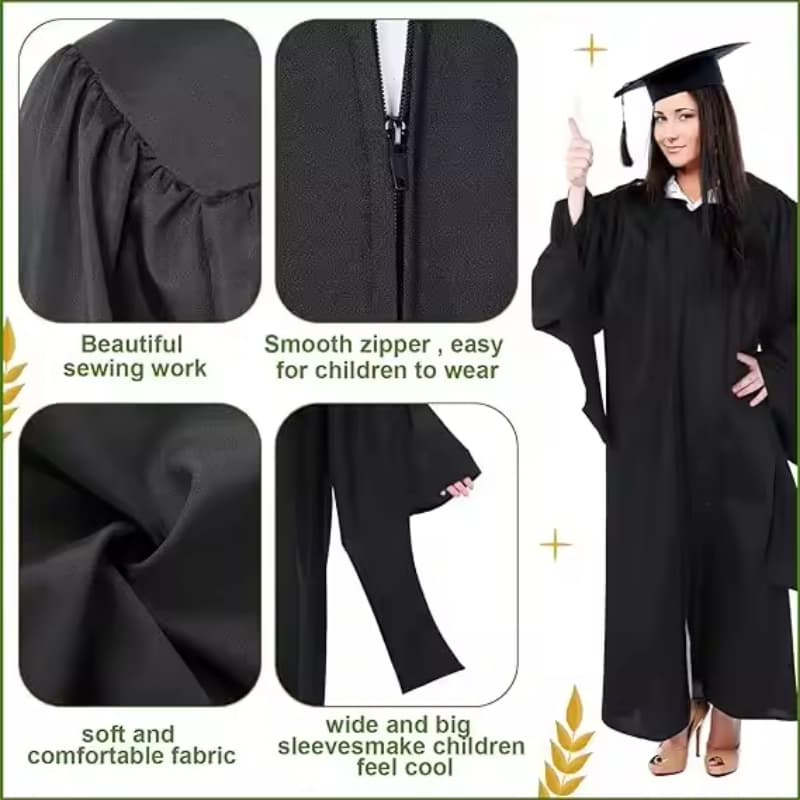 Masters Graduation Gown and Cap With 2025 Tassel Unisex Matte Black Graduation Dresses for Ladies Elegant
