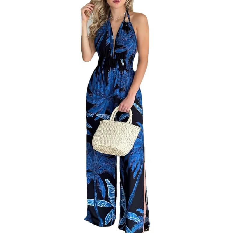 W3475 Fashion Print Jumpsuits Women Sleeveless Halter Casual Bodysuit High Waist Wide Leg Romper