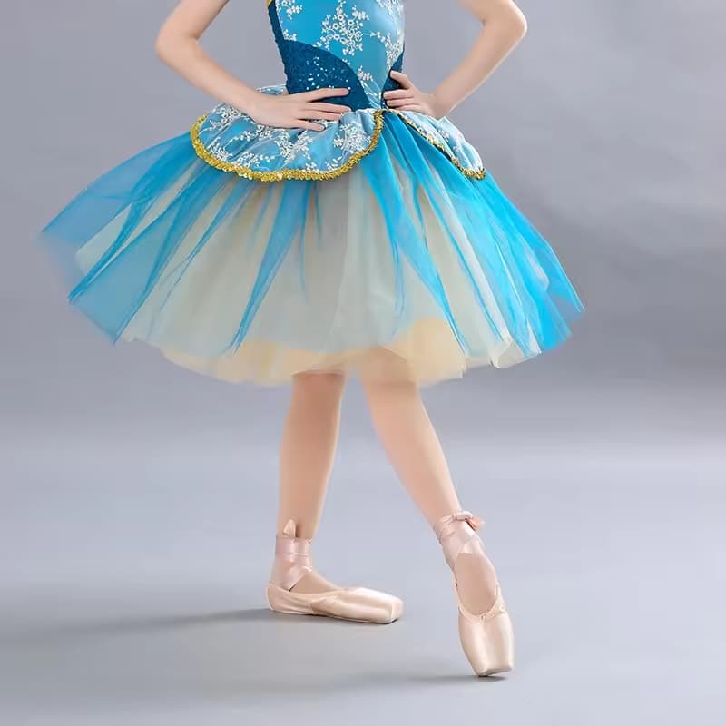 Embroidery Flower Dance Wear Court Style Blue Tutu Skirt Gold Sequin Performance Dance Costume