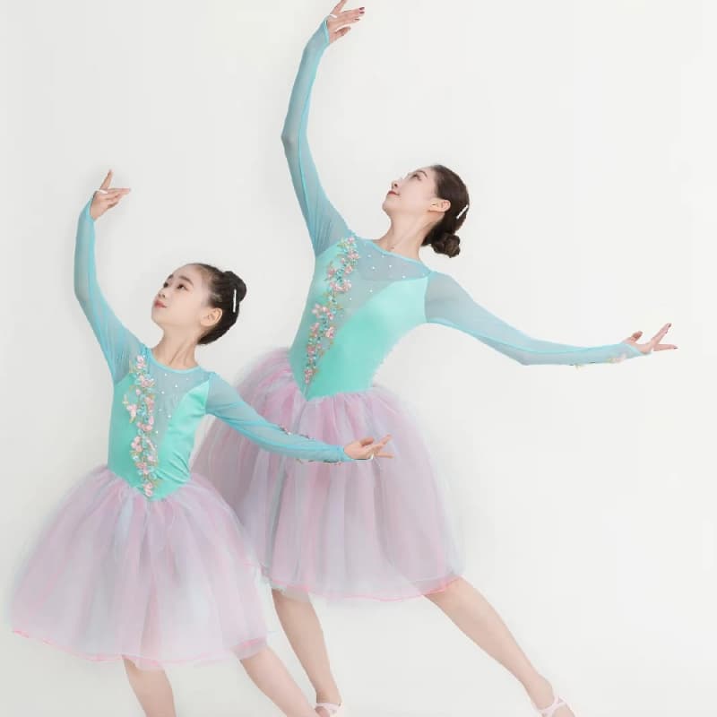 Blue Green Velvet Latin Dress Stretch Mesh Ballet Dance Wear Lyrical Shiny Rhinestone Embroidery Stage Performance Dance Costume