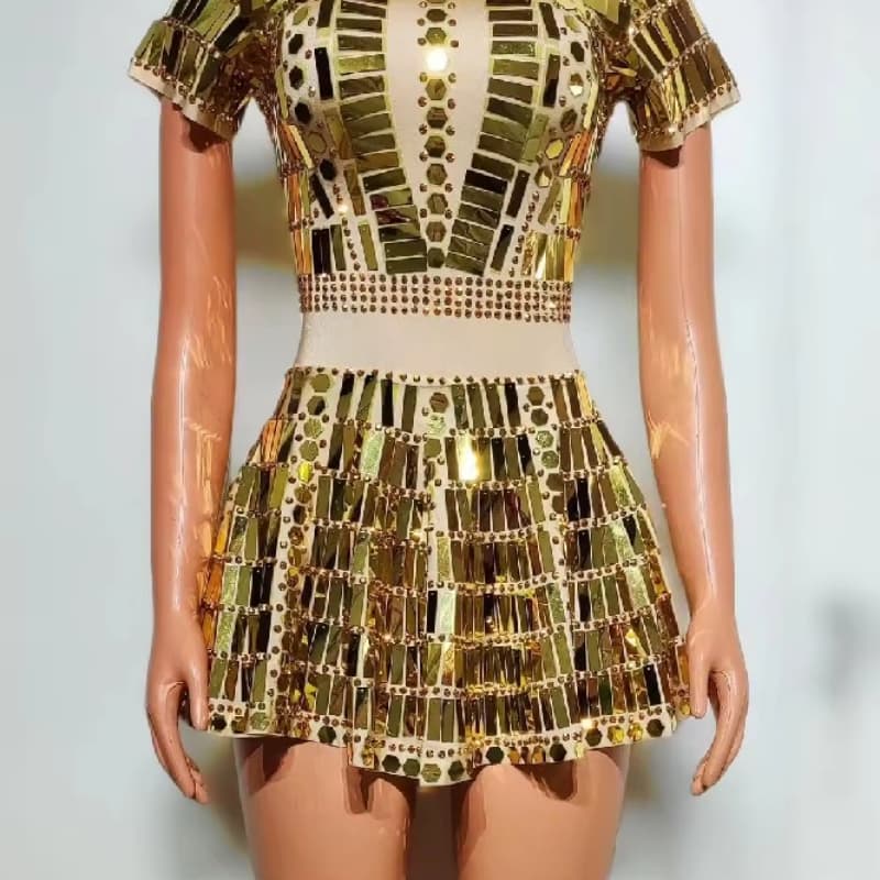 Sexy Sequin Bodysuit Mini Skirts 2 Piece Set Women Dancer Clothes Festival Outfit Stage Performance Wear Party Club a Line Dress
