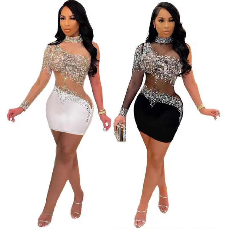 Nightclub Party Women's Clothing Ladies Dresses Slim Fit Mesh Hot Diamond High Collar Long Sleeve Sexy Wrapped Hip Women Dress