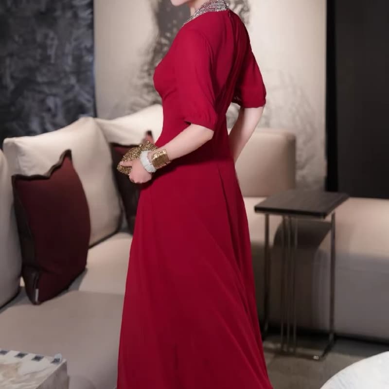 Elegant Long Dress Summer Spring New Fashion Design Women Runway High Street Beading V-Neck Pleated Office Lady Party