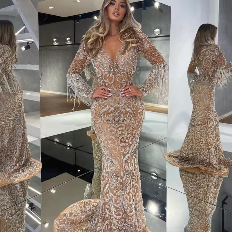 2024 Spring New Women's Evening Dress Women's Fish Tail Sprinkled Gold Tassels Elegant Sexy Long Dress