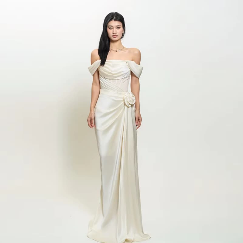 Quality Choice Champagne Light Wedding One Shoulder Floral Dress Slim Slim Banquet Gowns Long Dress beautiful Embroidery
