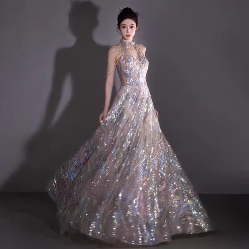 2025 New Sequined Halter Sleeveless Banquet Bride Host Elegant Women's Summer Evening Dress Dress