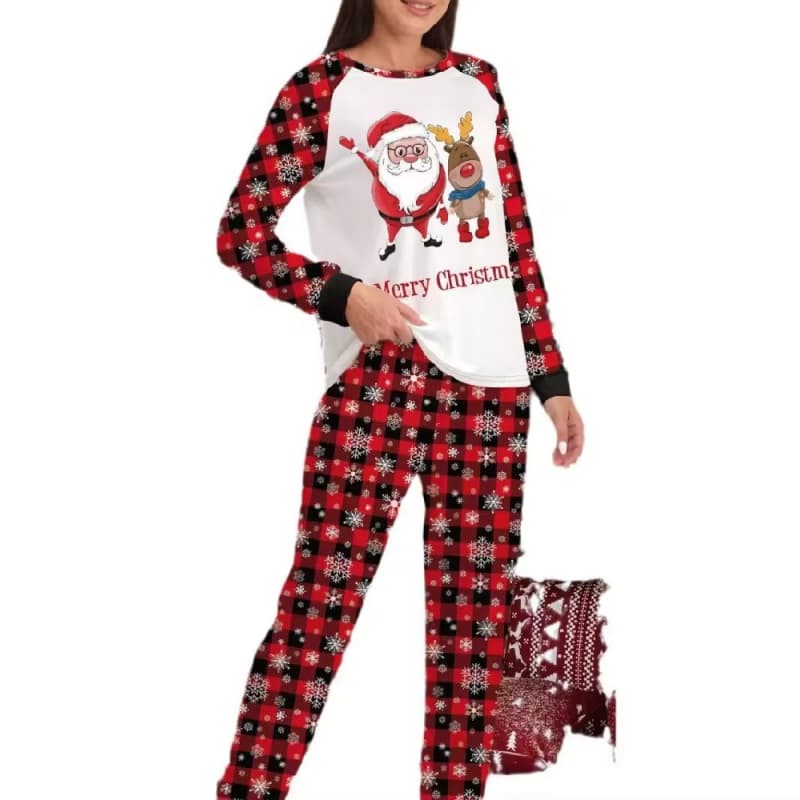 2024 New Christmas Women's Pajama Suit Long Sleeve Home Clothes Printed Front Logo Woven Fabric Winter