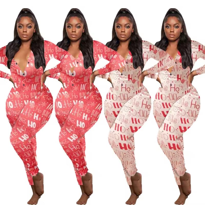 Printed Long Sleeve Christmas Onesie Pajamas Ladies Jumpsuits Romper Pyjamas Sleepwear Christmas Clothes for Women