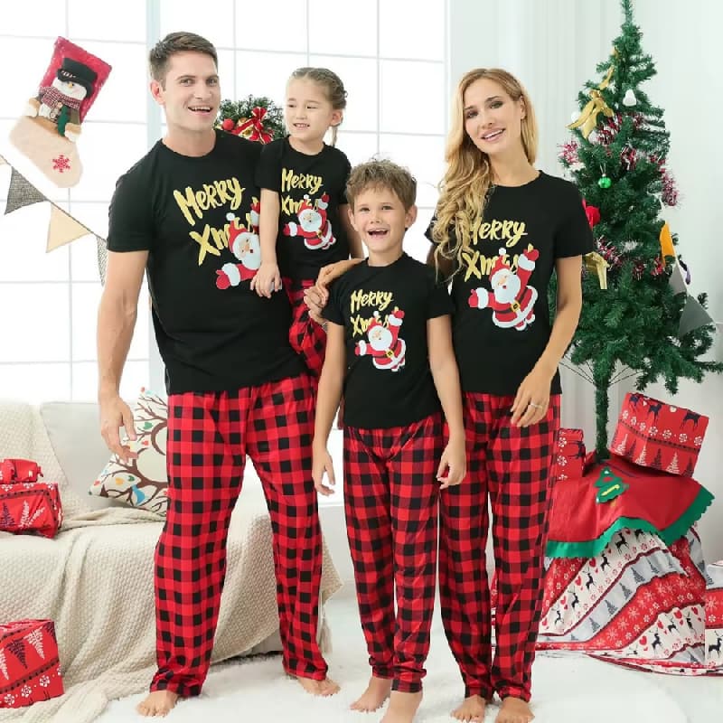 Merry Christmas Santa Claus Print Sleepwear Sets Family Matching Short-Sleeve Pajamas Sets Parent Child Cotton T-shirt Set
