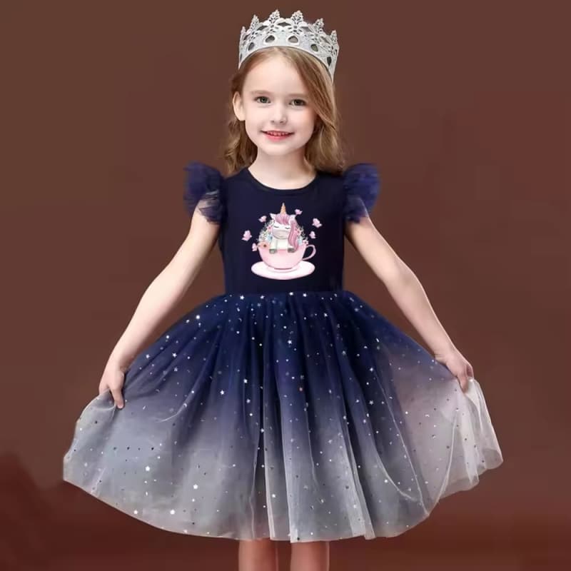 Cute Unicorn Print Girls Dress 3-10 Years Old Princess Dress Korean Style Birthday Party Dress
