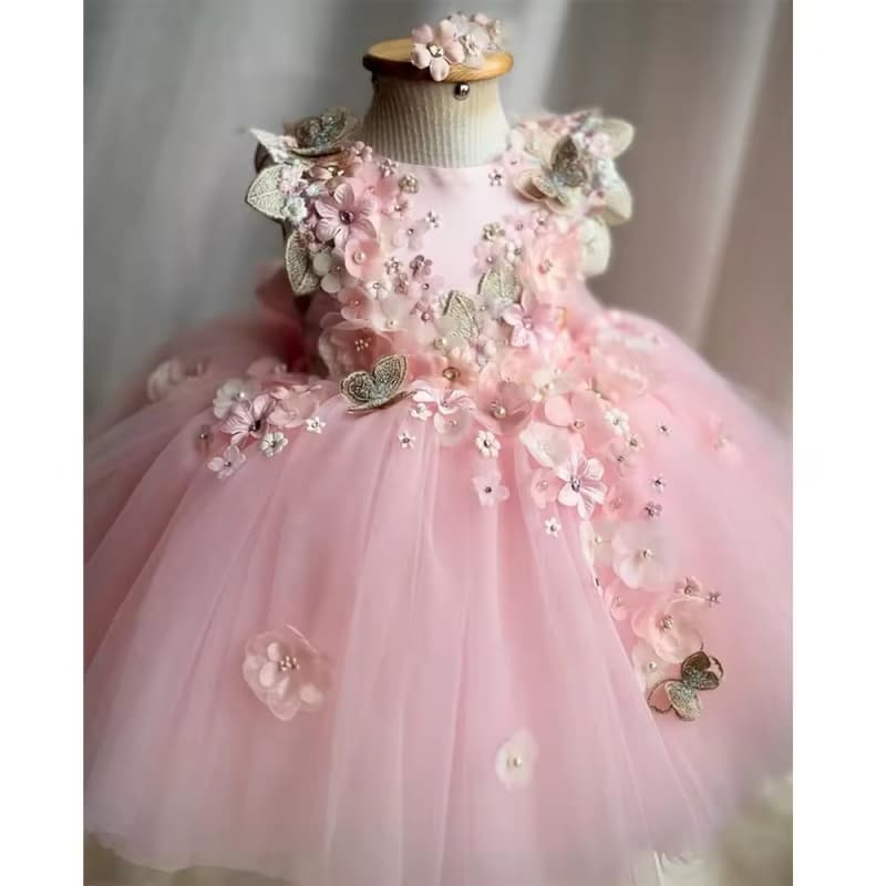 Wholesale Flower Embroidery Baby Girls Princess Wedding Dress Party Birthday Dresses Tulle Ball Gowns Flower Dresses for Girls