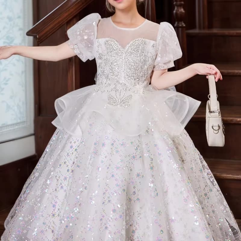 Girls Formal Dresses Short Sleeve Sequined Design Summer Birthday Occasions Kids Ball Gown Beach Wedding Flower Girl Dresses