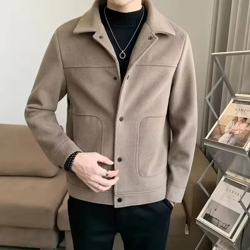 Autumn Winter Men Warm Jackets Turn-down Collar Single-breasted Coats Slim Fit Male Long Sleeve Solid Color Outerwear