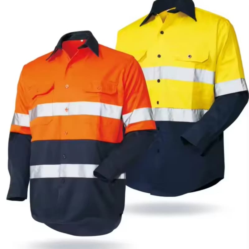 Custom 100% Cotton High Reflective Safety Clothes Hi Vis Workwear Mining Mechanic Construction Orange Long Sleeve Men Work Shirt