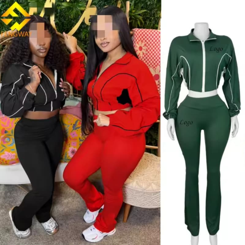 2025 New Arrivals Contrast Line Zipper Stand Collar Crop Top Jacket Matching Jogger Flare Pants Two Piece Tracksuit Set