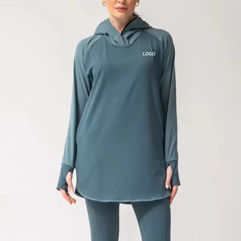Custom Logo Modest Sportswear for Women Long Sleeve Hoodie Tunic Top and Matching Pants Quick Dry Gymwear Muslim Tracksuit
