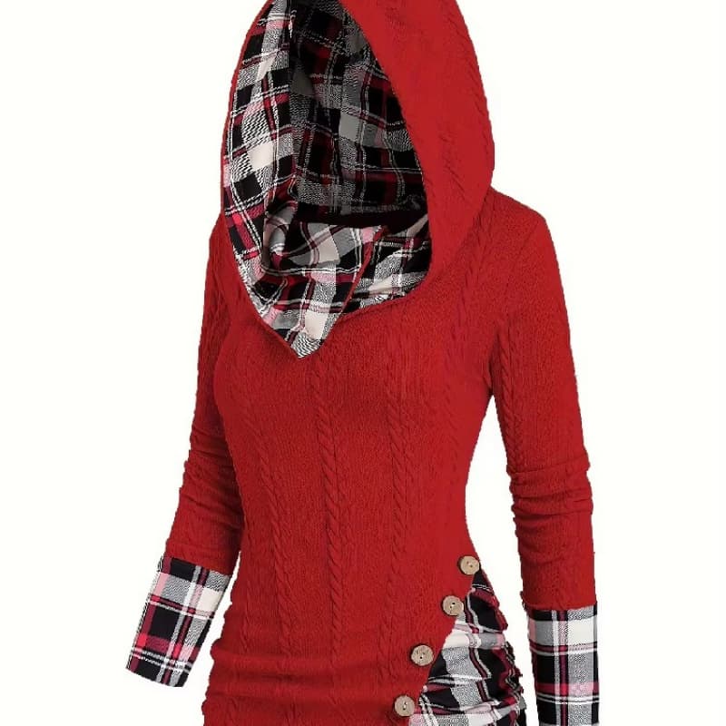 Women's Hoodies Twist Plaid Long Sleeve Button Decor Hooded Sweatshirt Customizable