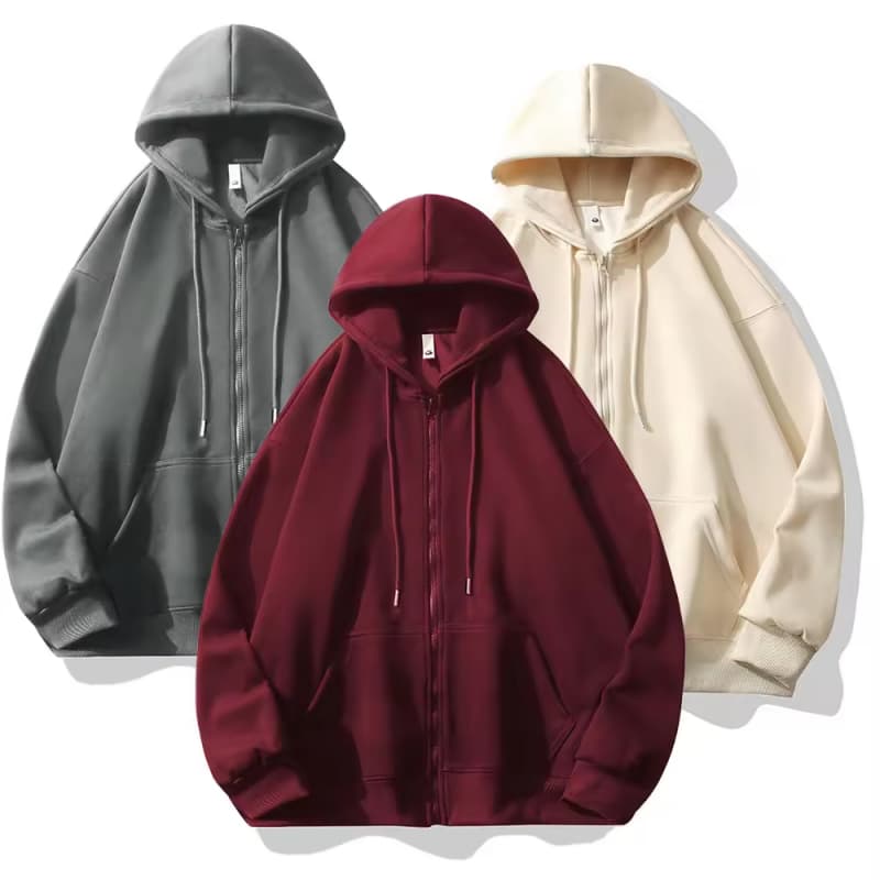 Wholesale Thick Cotton Polyester Blend Plain Zip up Pullover Hoodie Minimalist Loose Fit Hoodies with Full Zipper
