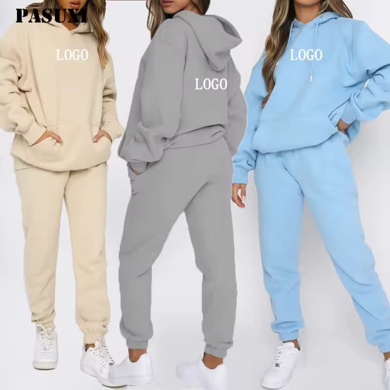 OEM Custom Casual Pullover Hoodies Letter Printed Sports Two Piece Sets Solid Color Jogger Pants Sets