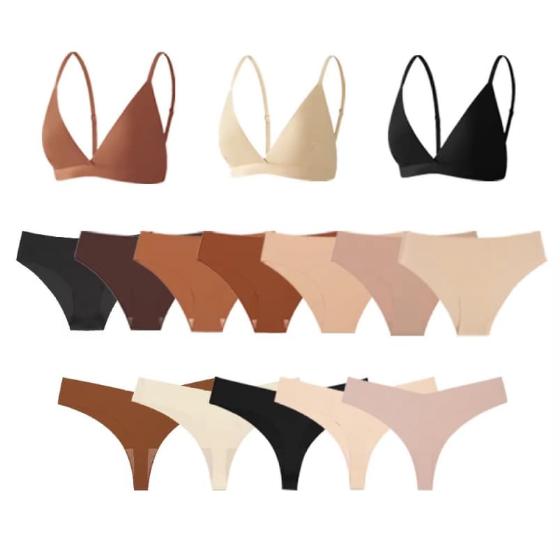 Fashion Deep V No Underwire Sexy Comfortable Everyday Wireless Seamless Bras and Thong Panty Set