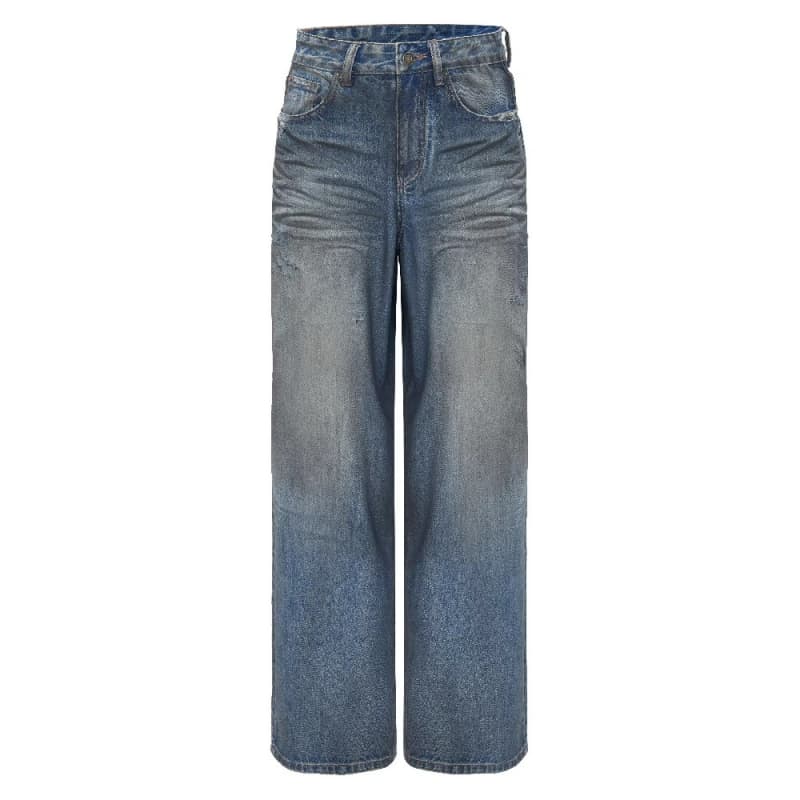 Custom 100% Cotton Washed Straight Leg Loose Blue Jeans Retro Fashion Casual Leg Wide Trendy Jeans for Women