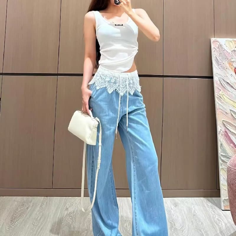 Autumn Vintage High-End Women's for Tencel Jeans Lace Waist Stitching Decorative Straight Wide Breathable Denim Washed Casual Sp