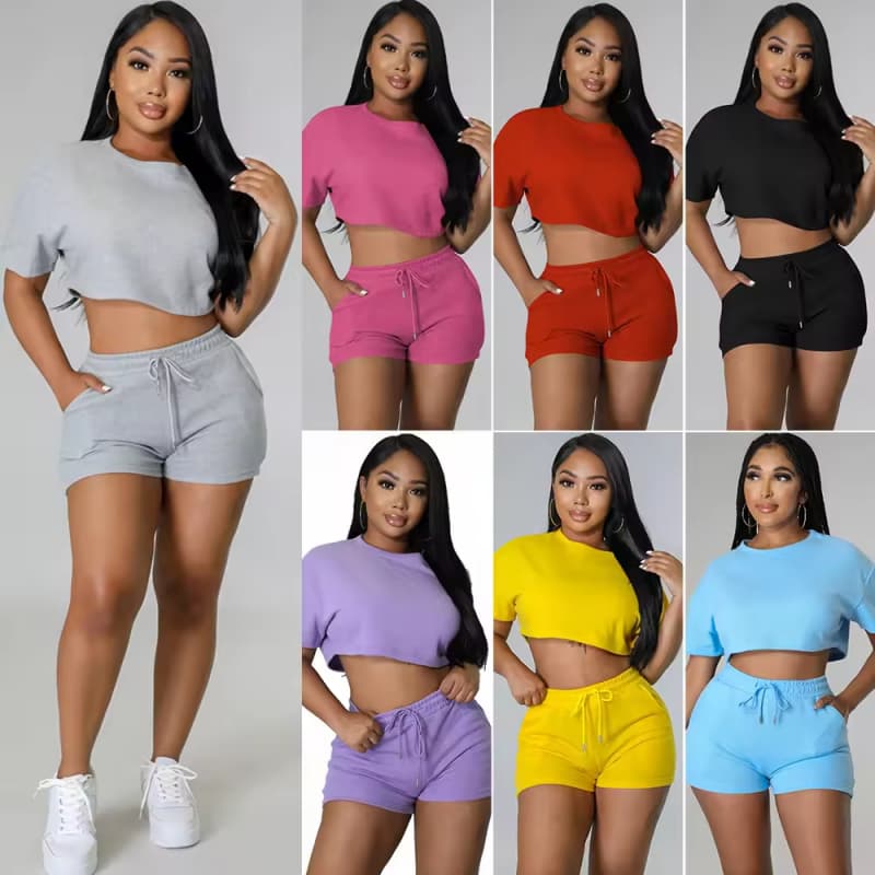 Custom LOGO New Design Summer 2024 Women Clothing Casual Solid Color Jogger Biker Shorts Set Crop Top Two Piece Set