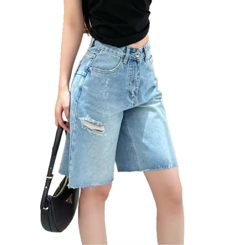 Trendy Casual Women's High-End Denim Shorts with Five-Point Logo Waist