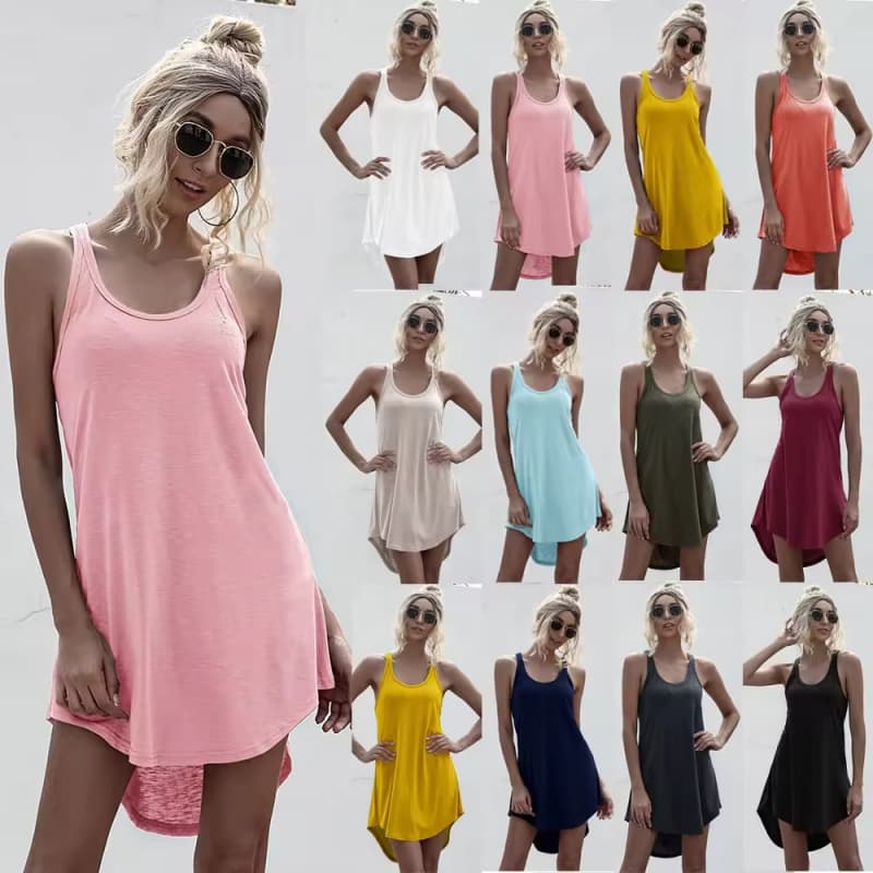 Solid Color Casual Sleeveless Tank Dress Women Loose Off Shoulder Cotton Plus Size Summer Mini Dresses