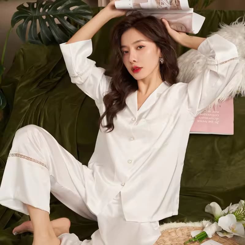 Cheap Price Adult Women Solid Pajama Set Spring Autumn Fashion 2 Pieces Long Sleeve Top and Pants