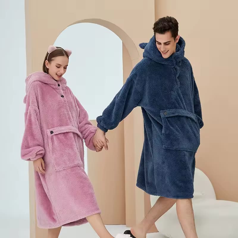 Wholesale Pull Over Plush Hooded Pajamas Autumn and Winter Women's Flannel Pajamas Thickened Home Jumper Couples