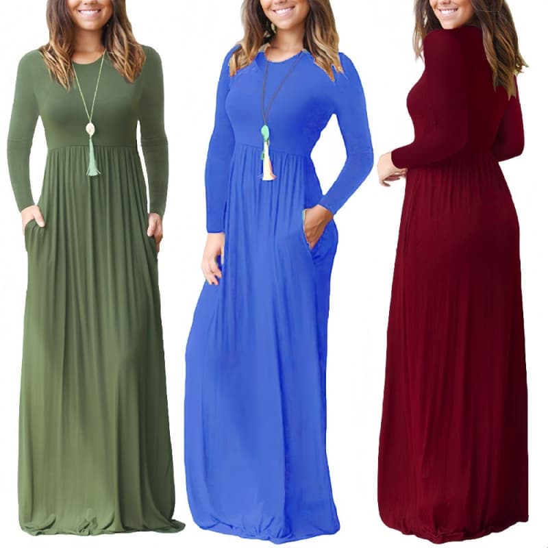 Women Long Sleeve Casual Dress Solid O-neck Pocketed Loose Long Dresses Lady Elegant Floor Length Dress