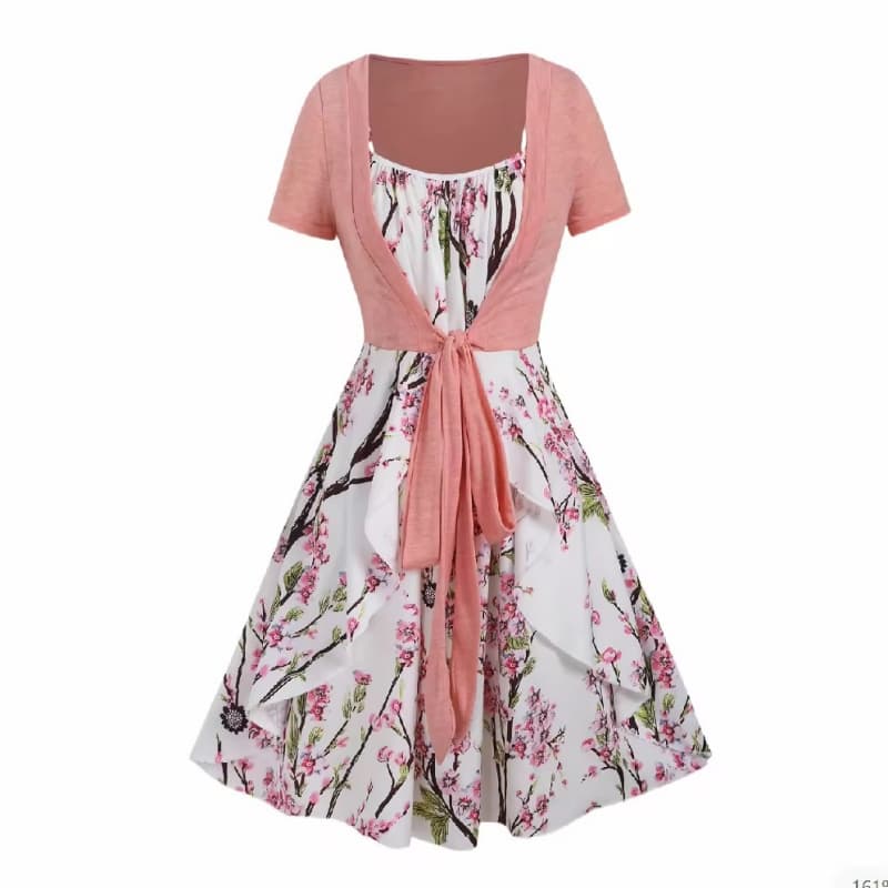 Women's Dress Romantic French Floral Print Short Sleeve Bandage A-Line Midi Dress Customizable
