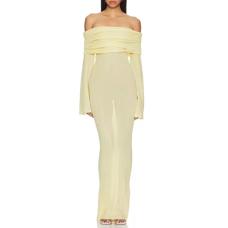 2025 Factory Custom Summer Beach Draped Off Shoulder See Through Sexy Knitted Dresses Lightweight Bodycon Maxi Dress for Women