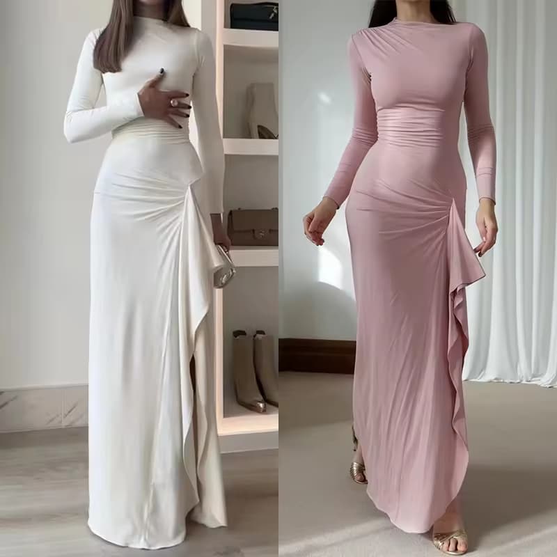 Women's Elegant Evening Dress with Asymmetrical Long Sleeve Waist Slit Sloping Shoulder Neck Solid Pattern Sexy Style
