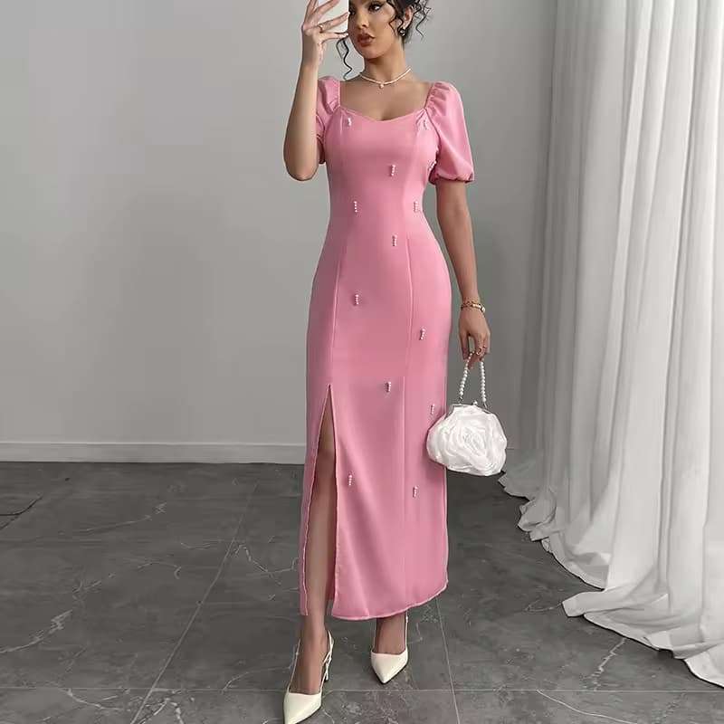 2025 Summer European American Style XS Women's Casual Floor-Length Slim Dress Natural One-Step Skirt Slit New Cross-Border