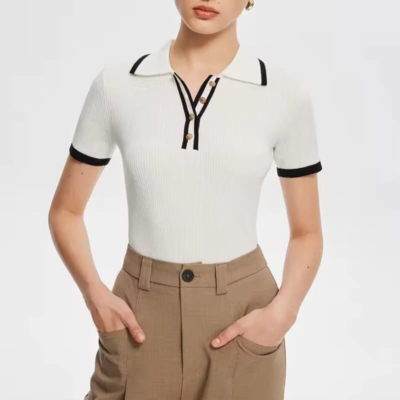 Custom Summer Tight Fitting Knit Ribbed Knitwear Clothes Polo for Women Hot Sell 100%Cotton Knitted T-shirt for Women