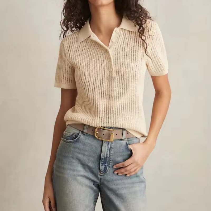 Women's Knit Polo Shirt Turn Down Collar Casual Style Logo Front Single 100% Cotton KnitShirt for Women