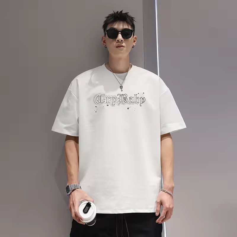 Clothing Manufacturers' Custom Alphabet Printing 100% Cotton 300 Grams T-Shirt Short Sleeves Loose Fit Plus Size New Model Male